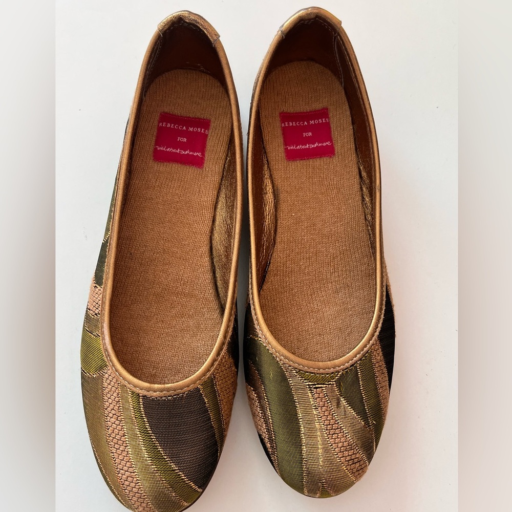 Rebecca Moses for Wild About Cashmere green/ gold ballet flats